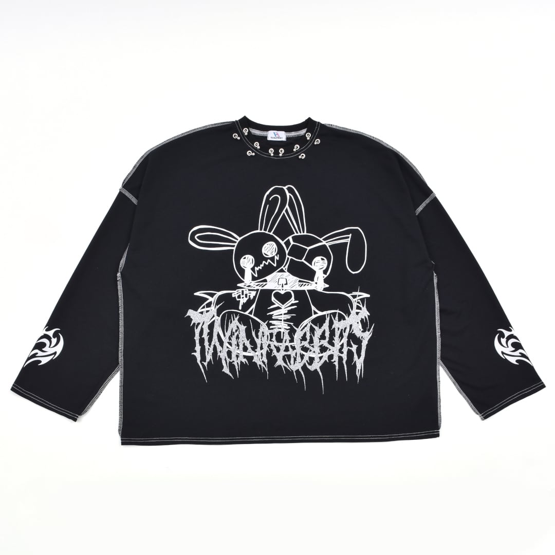 9/4 完売BLACK再入荷！】新作☆WウサピアスステッチロンT