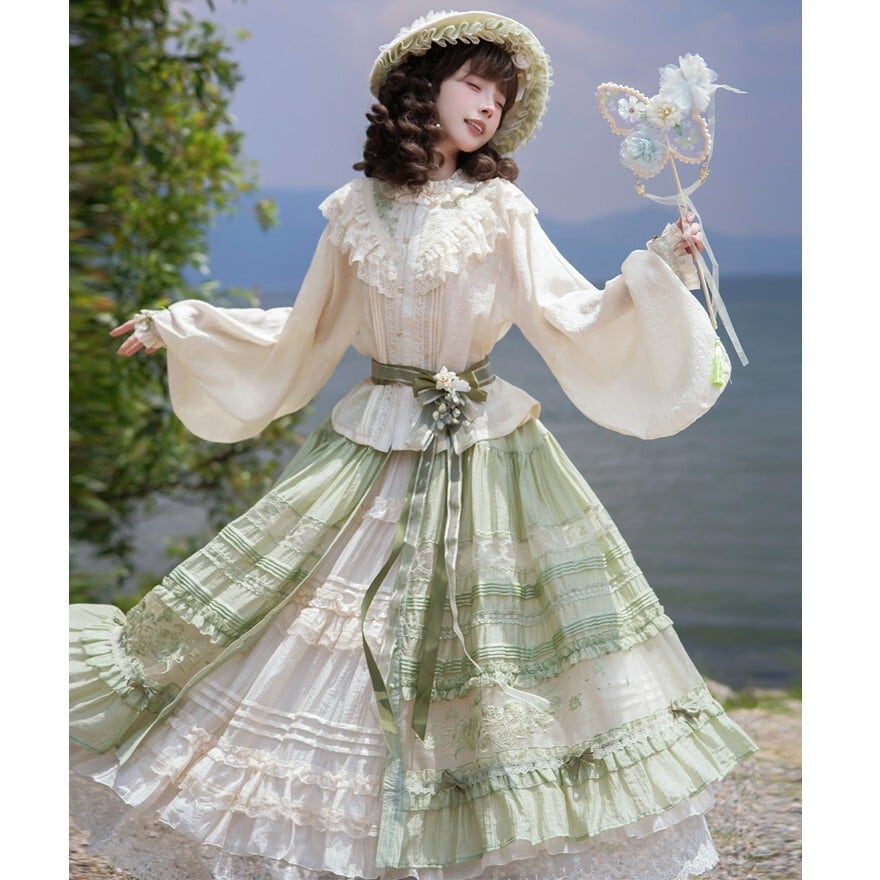 ロリータファッション 中華ロリ花刺繍ライトグリーンレースオーバー