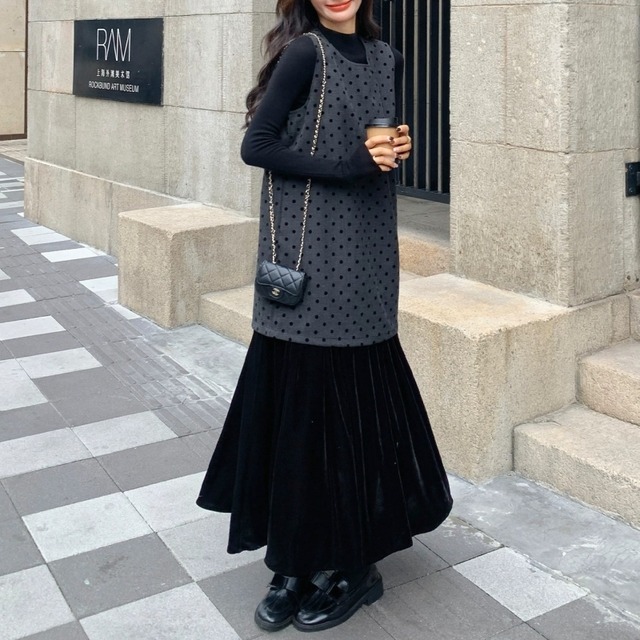SET◆Dot layered dress set　B1289