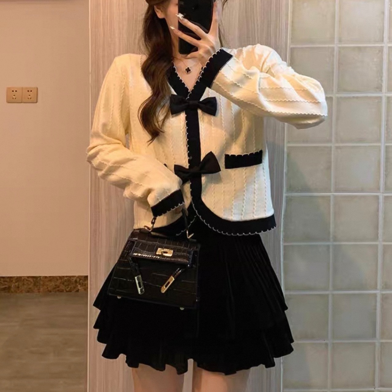 V-Neck Bow Knit Cardigan Jacket