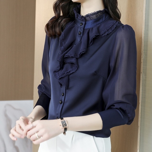 Stand collar elegant chest ruffle chiffon blouse