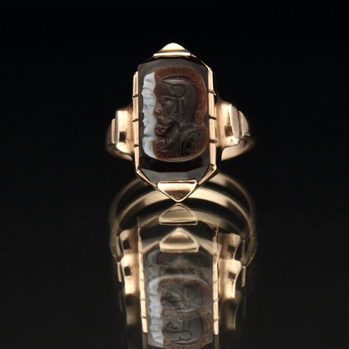 Vintage Cameo Ring [10kt Gold - Onyx x Carnelian] [1930s- US] Art Deco