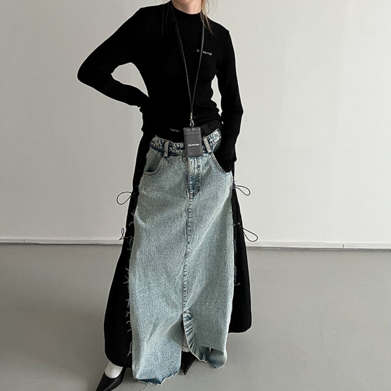 パッチワークプルアウトデニムロングスカート　LT0040024