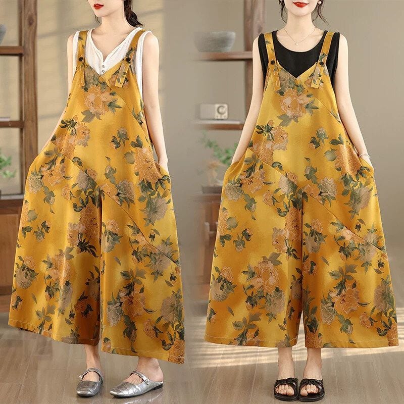 PRINT A-LINE WIDE LEG STRAP JUMPSUIT 1color M-16723