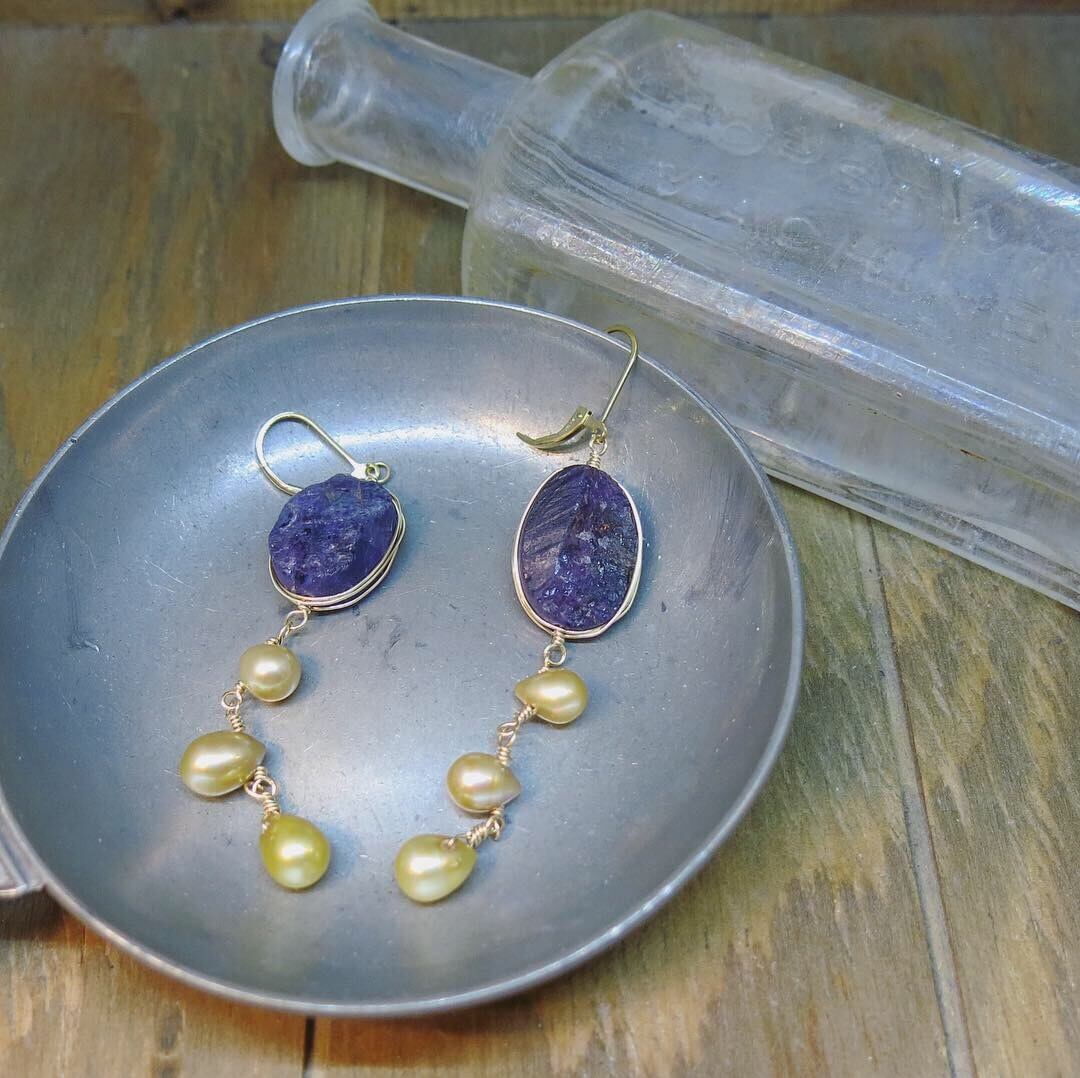 原石アメジスト×淡水パールのピアス