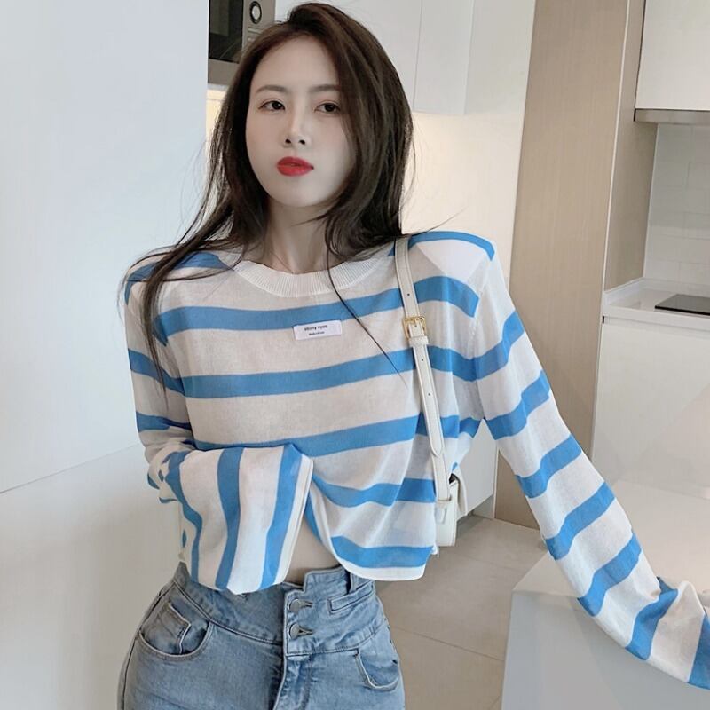 薄手ニットショート Oネック ストライプ シルク ハンチェンe16513974852