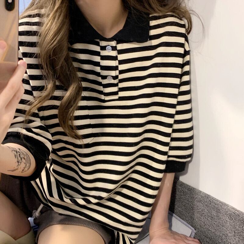 スタンダードカラーストライプTシャツ サマールーズトップス カジュアル レトロ 大人ガーリー スウィート キュート 夏物 ガールズファッション86801941334