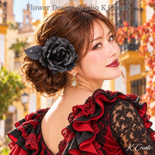 フラメンコ髪飾り 黒い薔薇のフローレス 花径12cm｜サテンローズ・朝露のようなライトストーン付きリーフ・ワイヤー仕様