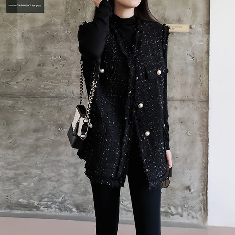 クラシカルツイードジレ】ノーカラー ロングベスト フリンジ レトロ