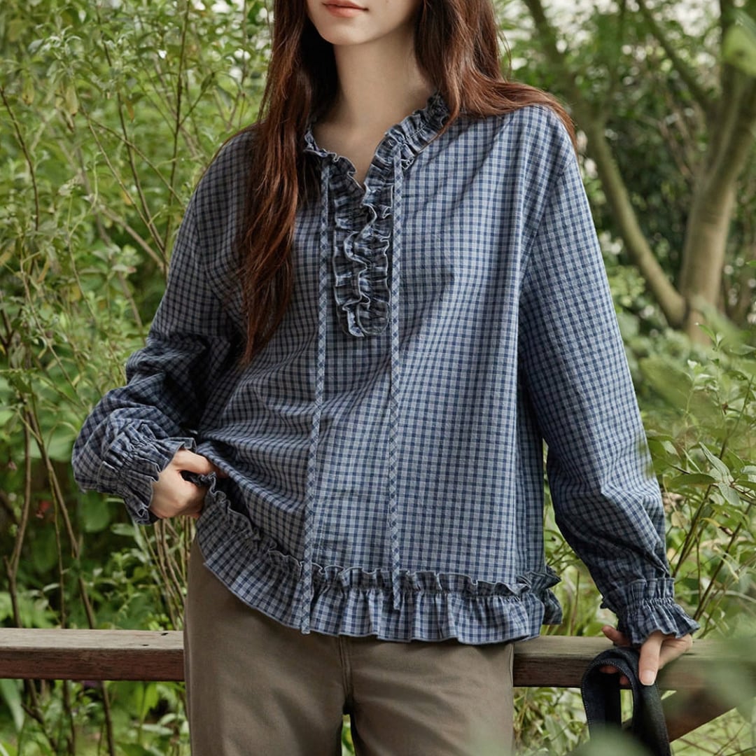 gingham check ruffle blouse