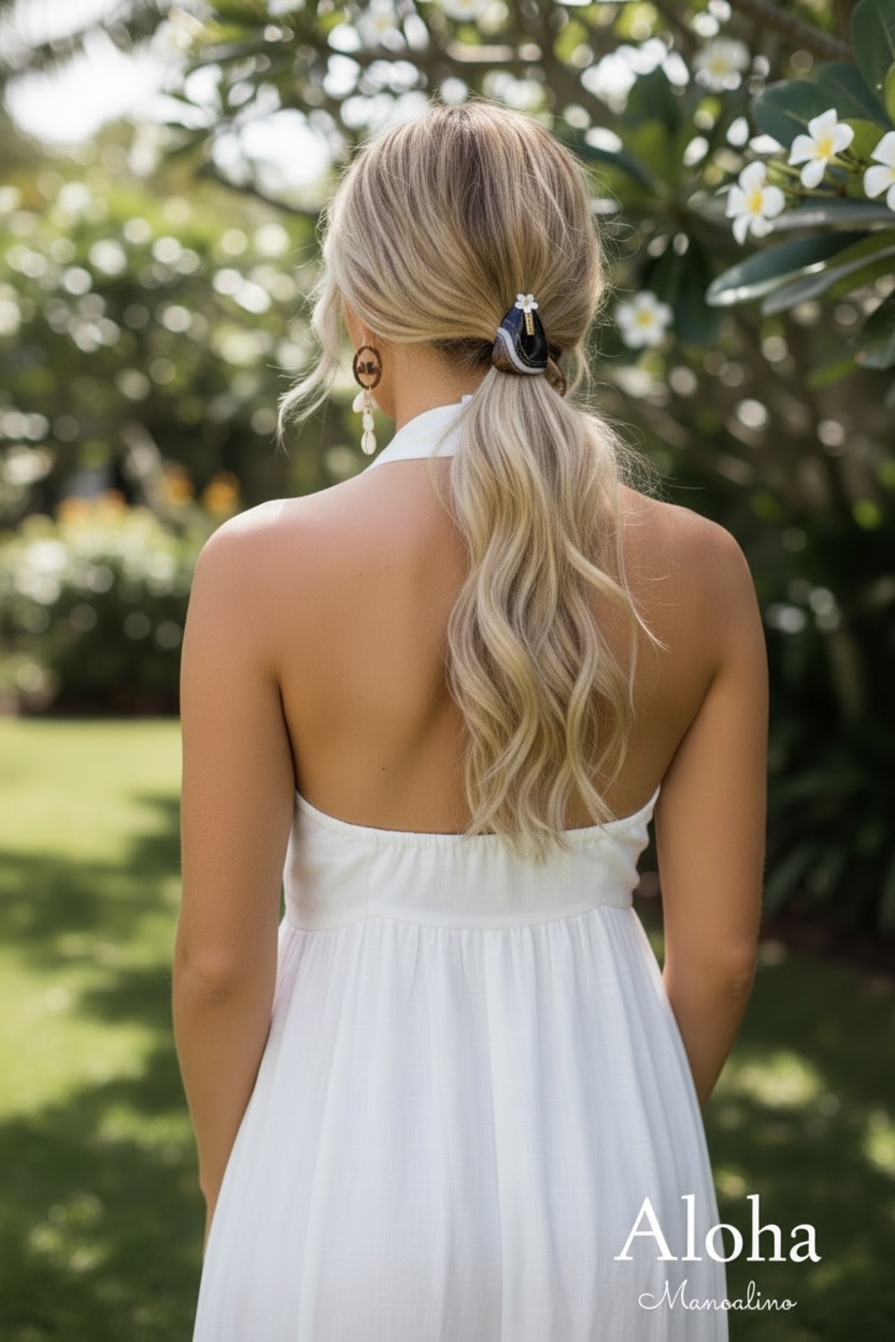 Black agate×Plumeria hair accessory(ブラックアゲート瑪瑙天然石×プルメリアヘアゴム)