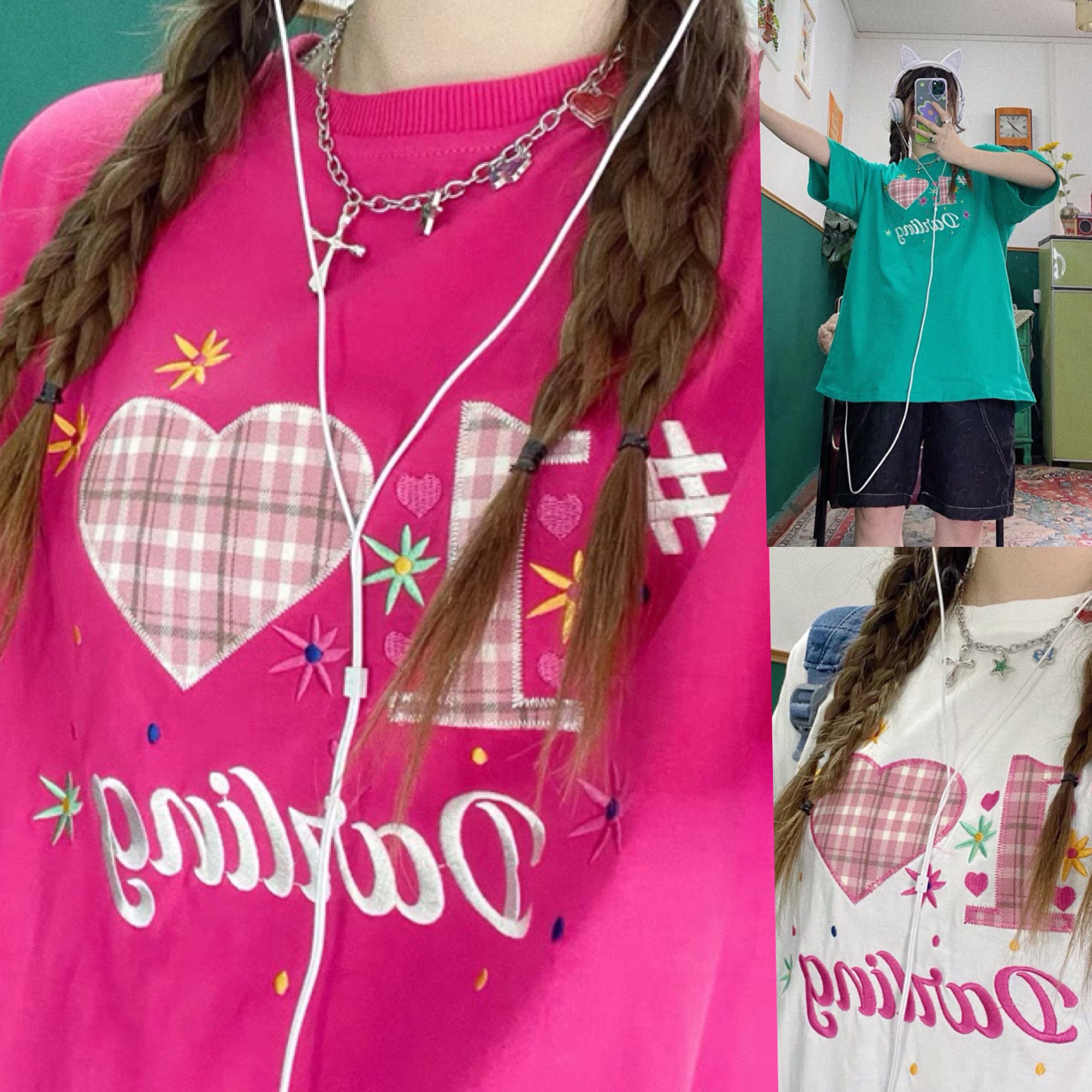 3カラー】ピンク ハート グリーン 緑 白 トップ Tシャツ カジュアル