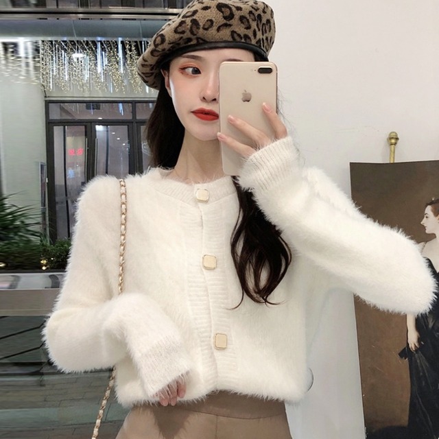 ベルベットホワイトセーター カーディガンジャケット スプリングオータムニットトップス 春物 秋物 スーパーモール39969011093