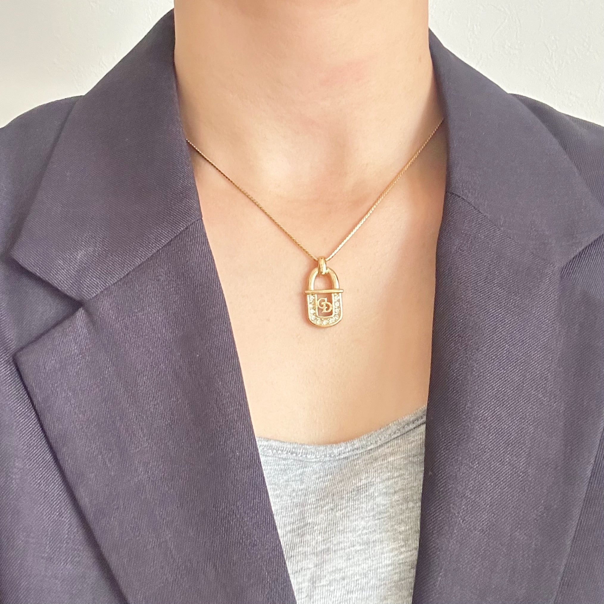 N6268】Christian Dior padlock rhinestone necklace