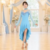 社交ダンス 衣装 ドレス ワンピース ラテン ブルー系 水色 レース デモ 競技 ダンス パーティ 発表会 さわやか かわいい ビジュー レディース 上品 発表会衣装