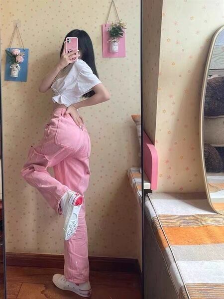 【新作】【送料無料】 女性のためのピンクの破れたジーンズ夏薄いデザインハイウエストルーズストレートワイドレッグパンツイントレンディなハイストリート 0389303243647