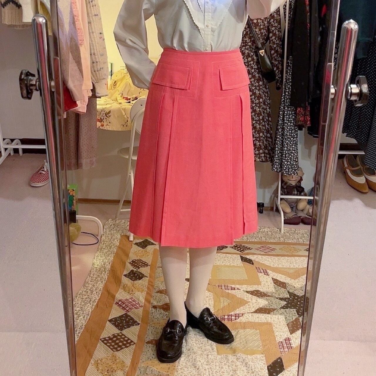 vivid pink white stitch tuck skirt