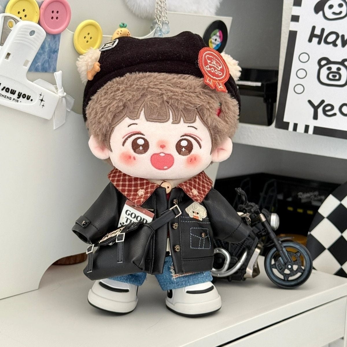 20cmぬいぐるみ用 おしゃれ トップス＋ジーンズ＋レザーアウター＋帽子