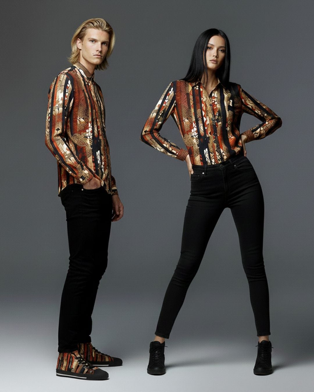 和柄ストライプ　紅　ユニセックスサイズ長袖シャツ　プレミアム