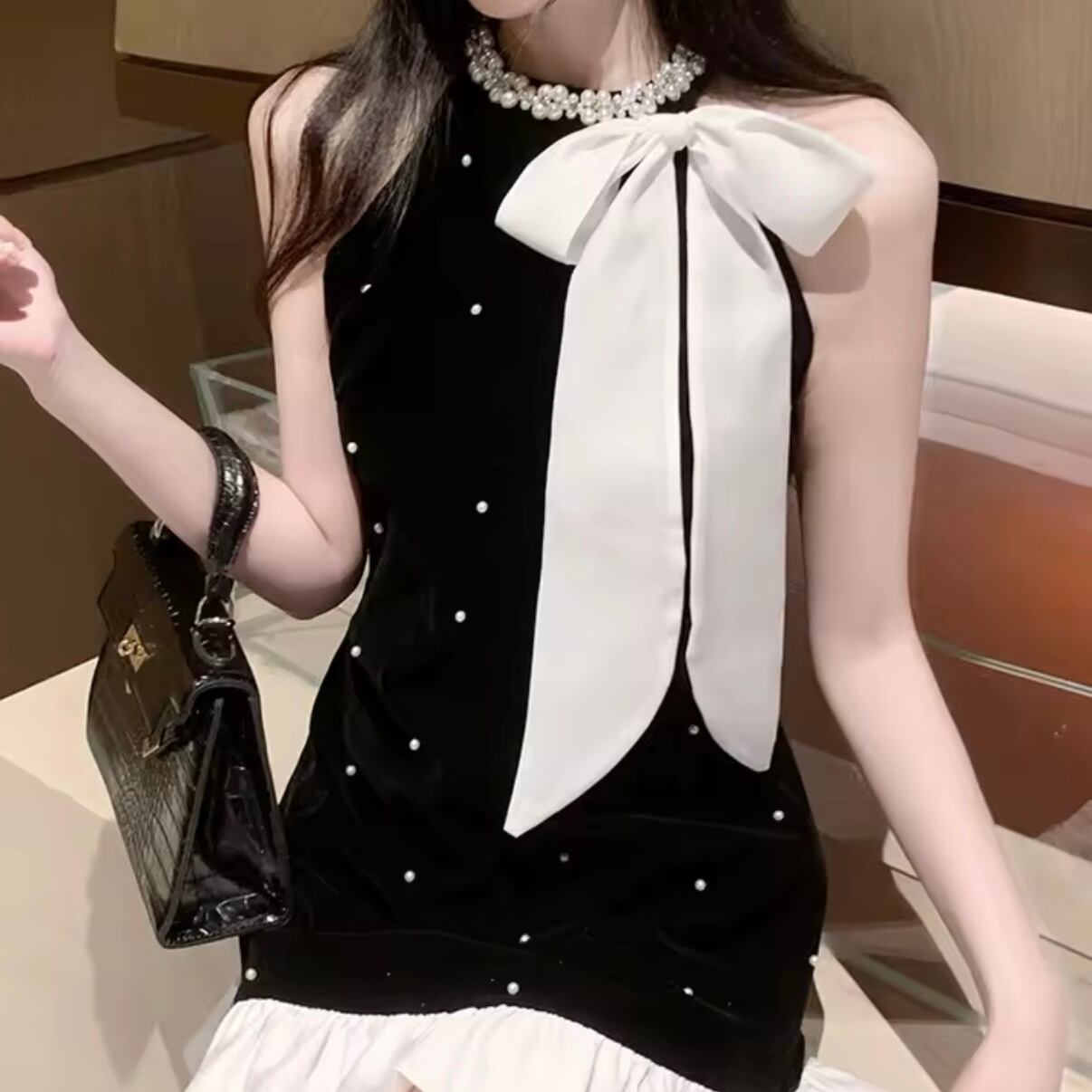 パールリボンクラシカルミニドレス