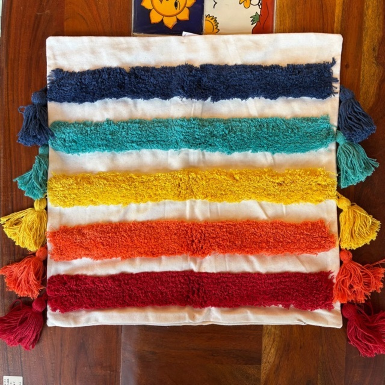 TOPANGA Homefurnishing  Rainbow Colorful Cushion Cover Border レインボーカラフルクッションカバー　ボーダー　45×45cm　フリンジ付き　刺繍　カバーのみ　インナークッション