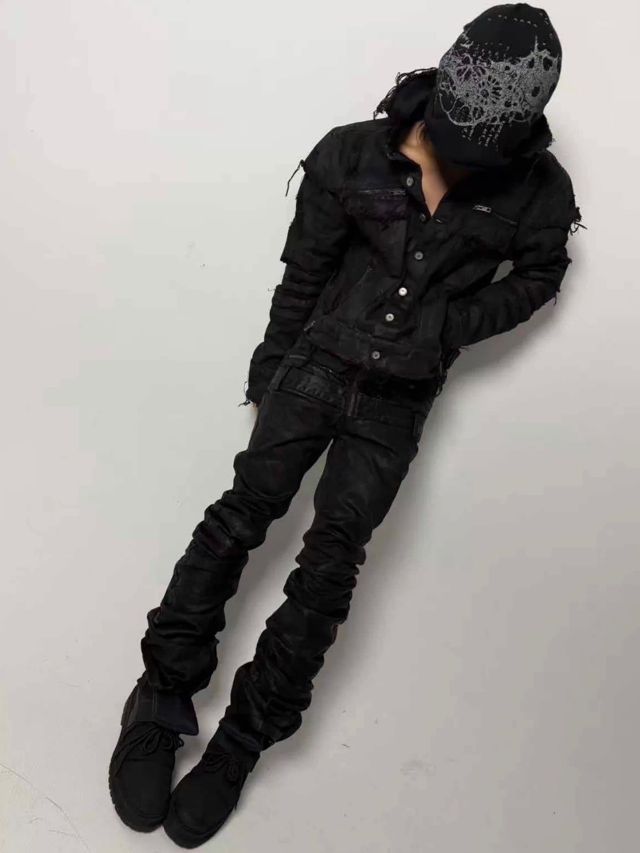 【CinderVein】Triple Waist Paneled Coated Denim Pants
