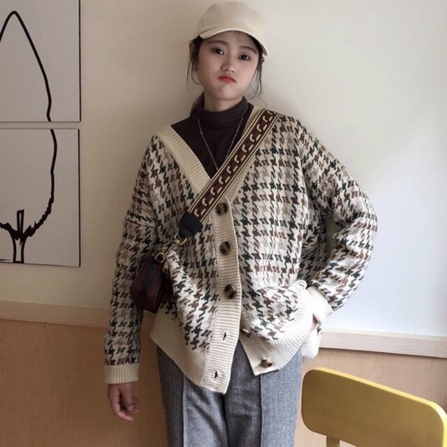 カーディガン ニット 千鳥格子 レトロ カジュアル Vネック ゆるめ 