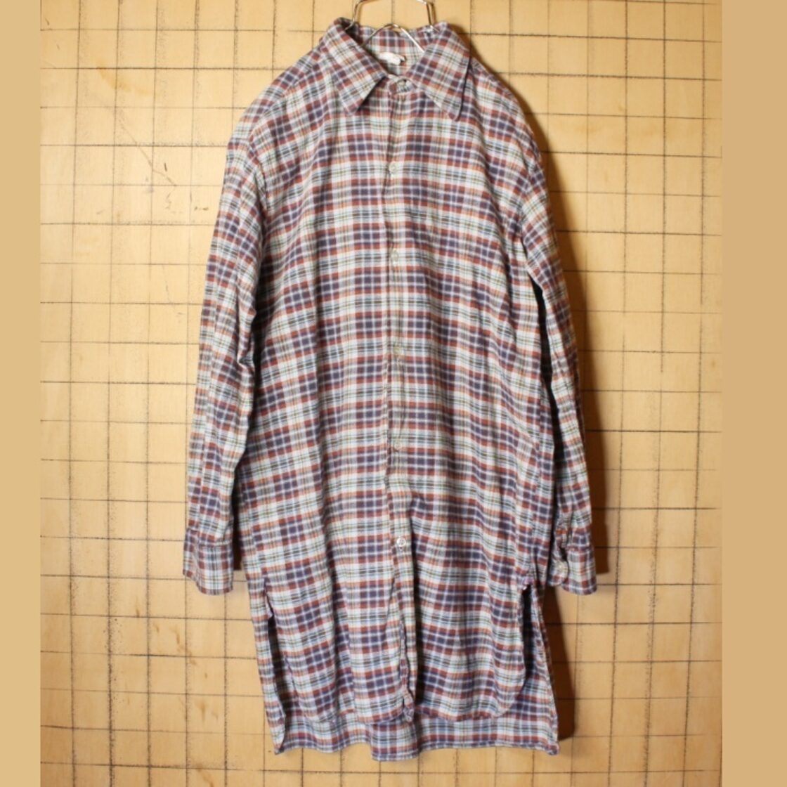60s 70s EURO フランス製 チェック グランパ シャツ ブラウン メンズML 