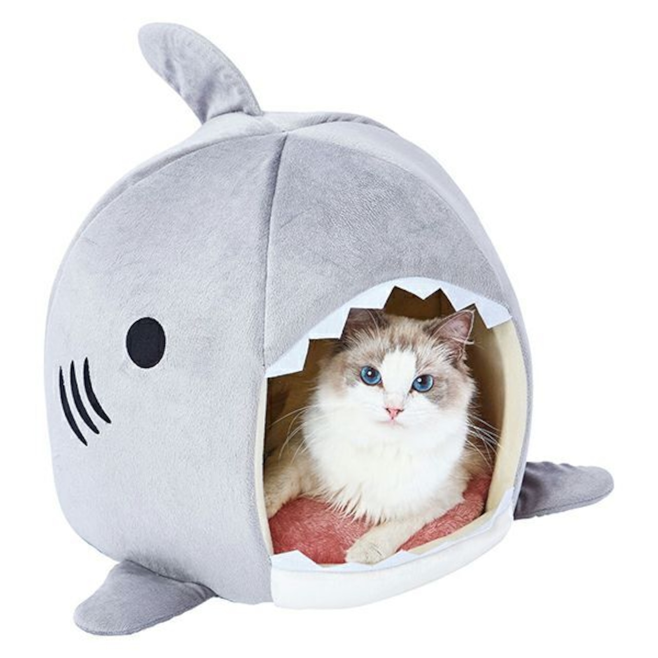 【あったかドームベッド(サメ)】ふわふわあったかクッション入り,手洗い可能,コード通し穴付き