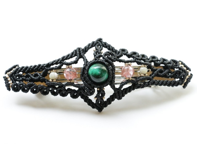 マクラメアクセサリー/グリーンタイガーアイとローズクォーツの大きなバレッタ