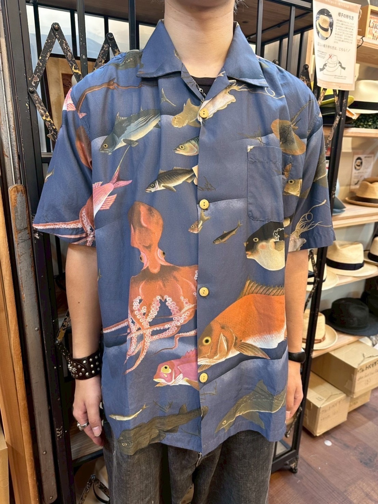 HOUSTON/ヒューストン x伊藤若冲COTTON RAYON ALOHA SHIRT（魚くし）/アロハシャツ
