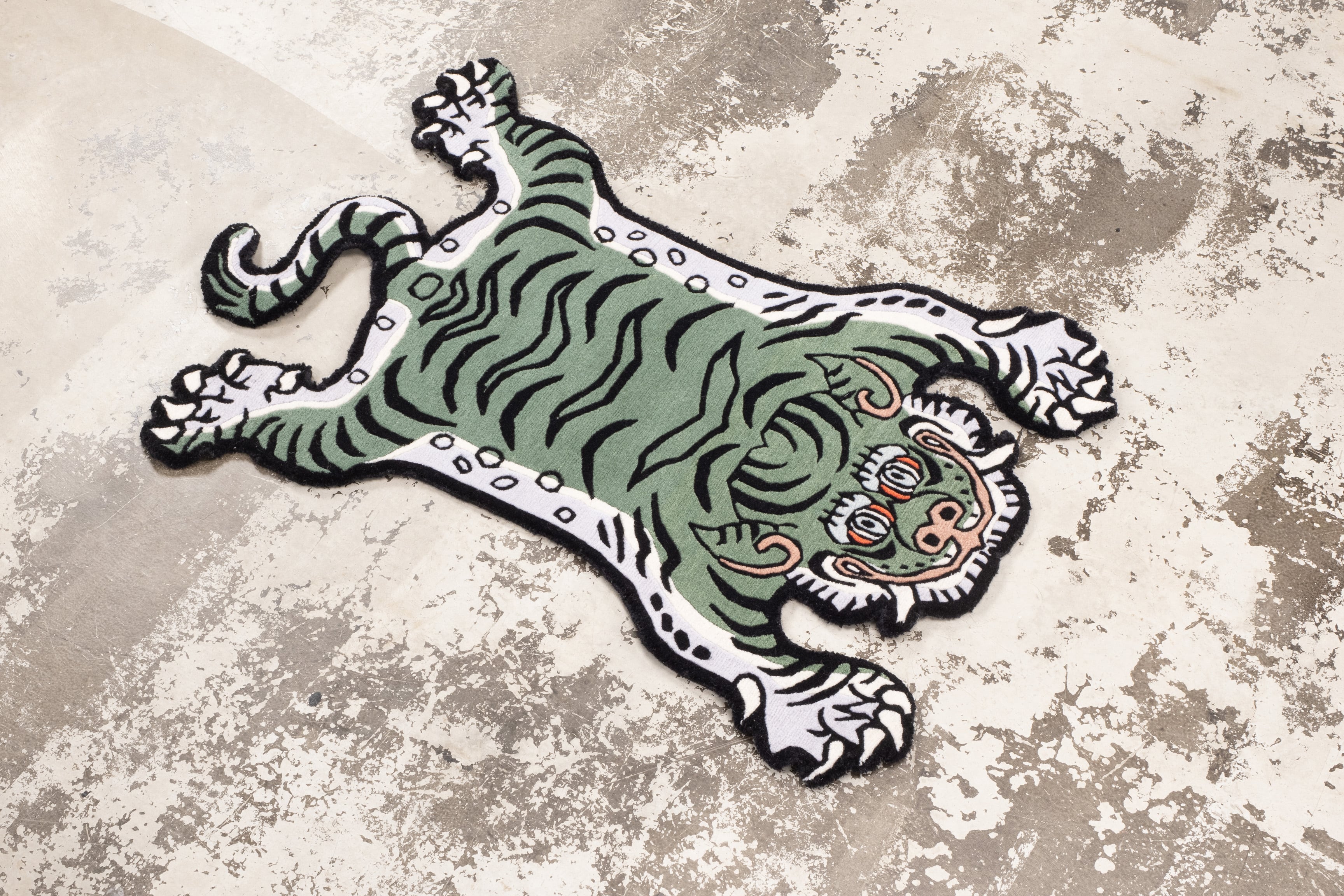 チベタンラグ　グリーン　シンプル Tibetan Tiger Rug 《Sサイズ•ウール・オリジナル2・フォレスト