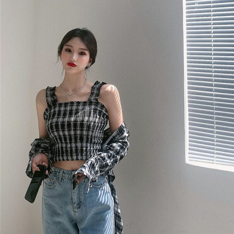 シャツ スリム格子柄ジャケット スプリングクロップドトップス ロング 春物 ブラックストロベリース76141614847
