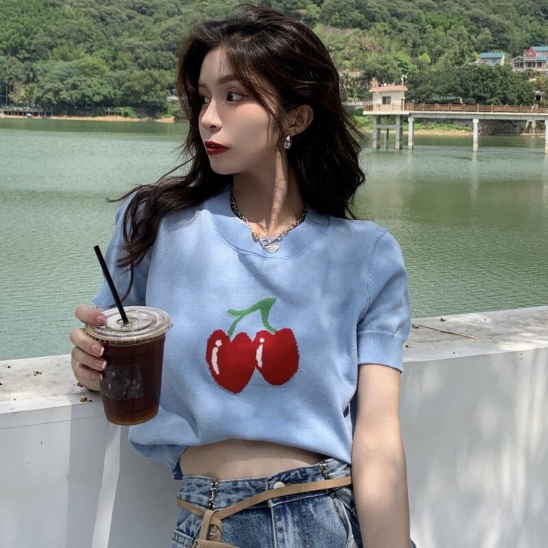 セーター 薄手サマーレッドショートTシャツ トップス 大人ガーリー スウィート キュート カジュアル 夏物 YY-ファッション20789187991