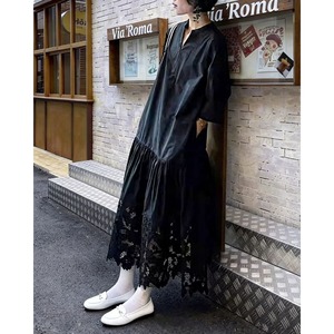 キーネック　裾スカラップレース　７分袖　ロングドレス〈１カラー サイズS-XL〉