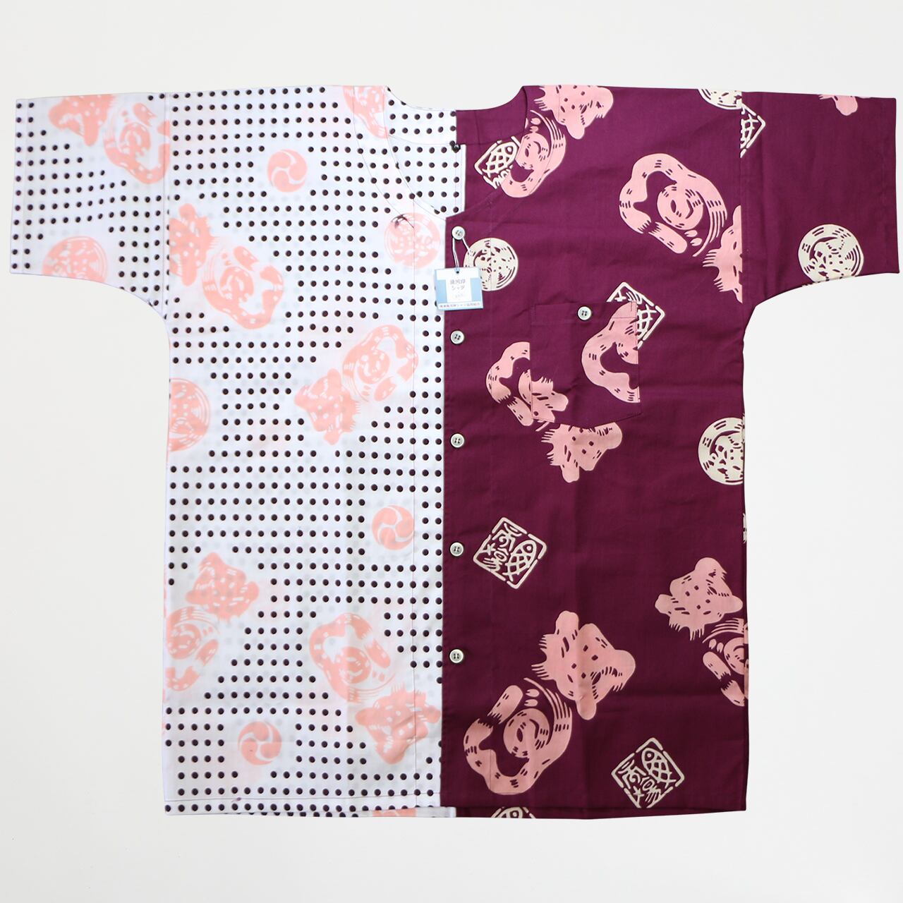 魚河岸シャツ【品番40028-M】【市場紫クレヤピンク+ 豆絞り紫とピンク】