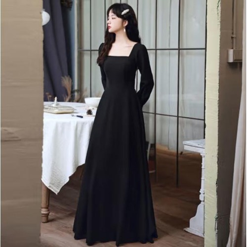 ドレス 結婚式  披露宴 二次会 フォーマル ワンピース イブニングドレス ミディ丈 エレガント パーティ Aライン スクエアネック 無地 シンプル