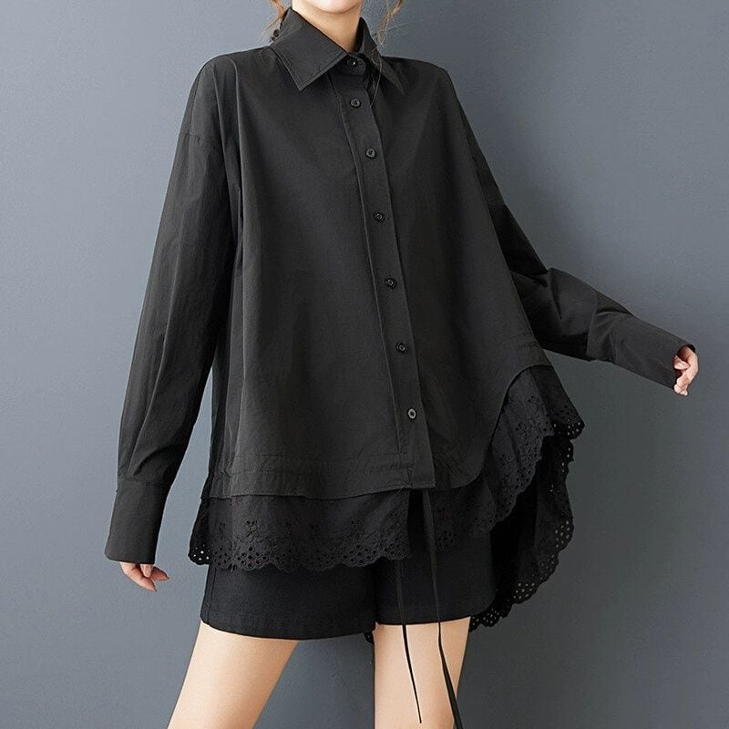 BLACK DRAWSTRING LACE TRIMMED HEM LONG SLEEVES TUNIC SHIRT 1color M-15475