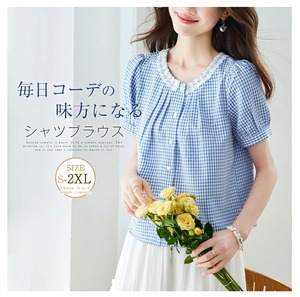 ブラウス シャツ 半袖 レディース S-2XL ギンガムチェック レース トップス カジュアル 大人 可愛い 26LT1049