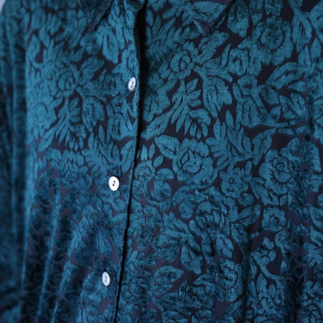 flower motif art pattern deep green see-through velours shirt