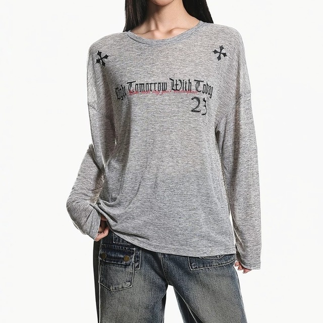 シアーライククロスグラフィックロングスリーブTシャツ 3col   R02549