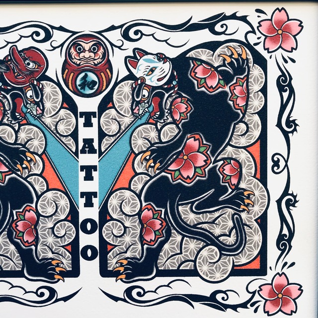 尾九 タトゥーイラスト 和柄 黒豹 天狗面 狐面 桜の花柄 サイズ 黒色フレーム qcomic 尾九 タトゥーイラスト 和柄 黒豹 天狗面 狐面 桜の花柄 サイズ 黒色フレーム qcomic