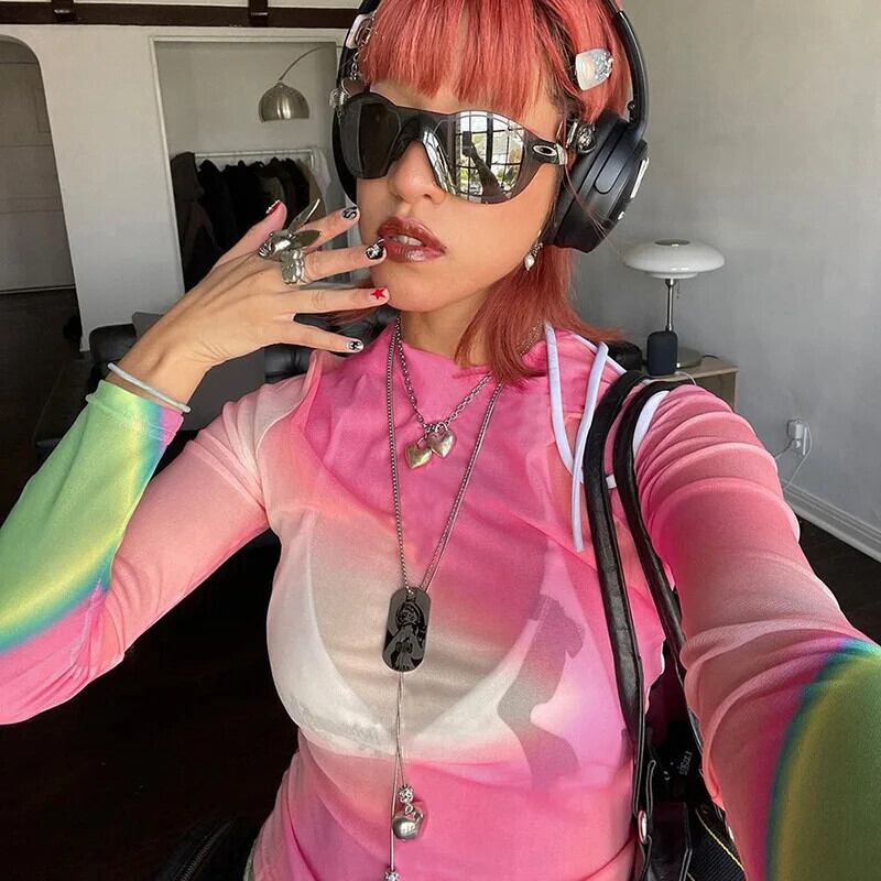 【新作】【送料無料】 TARUXY カラフルなタイダイ長袖 Tシャツ女性ピンクファッション Y2k メッシュプルオーバーファム 2024 ビーチ薄手のスリムガールズシャツストリート新 0129225323128