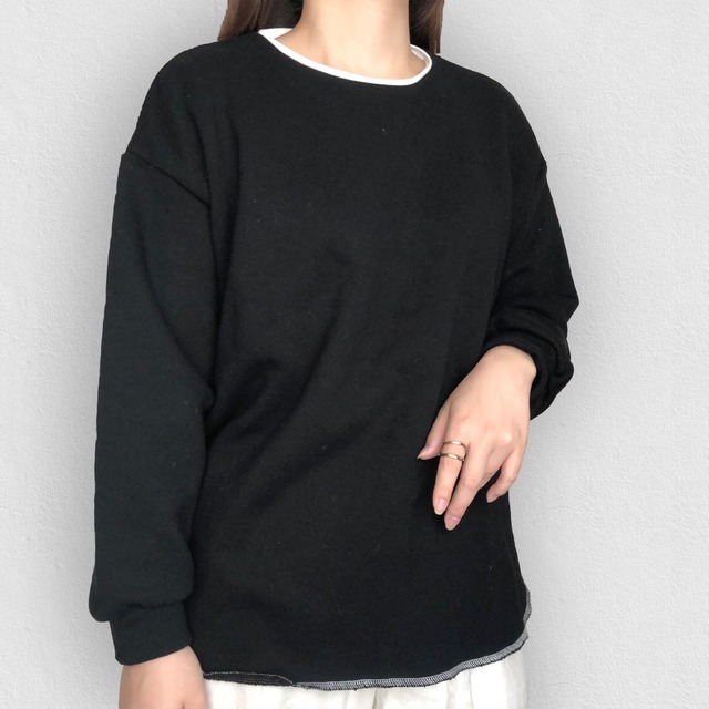 【綿100%】バイカラー カジュアルプルオーバートレーナー トップス｜ブラック｜画像1