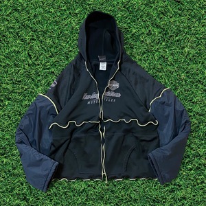 【リメイク古着】再構築メローフリル フーディープリントパーカー ナイロン袖