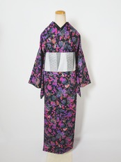 【受注商品】Rumi Rockキモノ「カメレオンの寄り道」 黒地にピンク 　[A1722]
