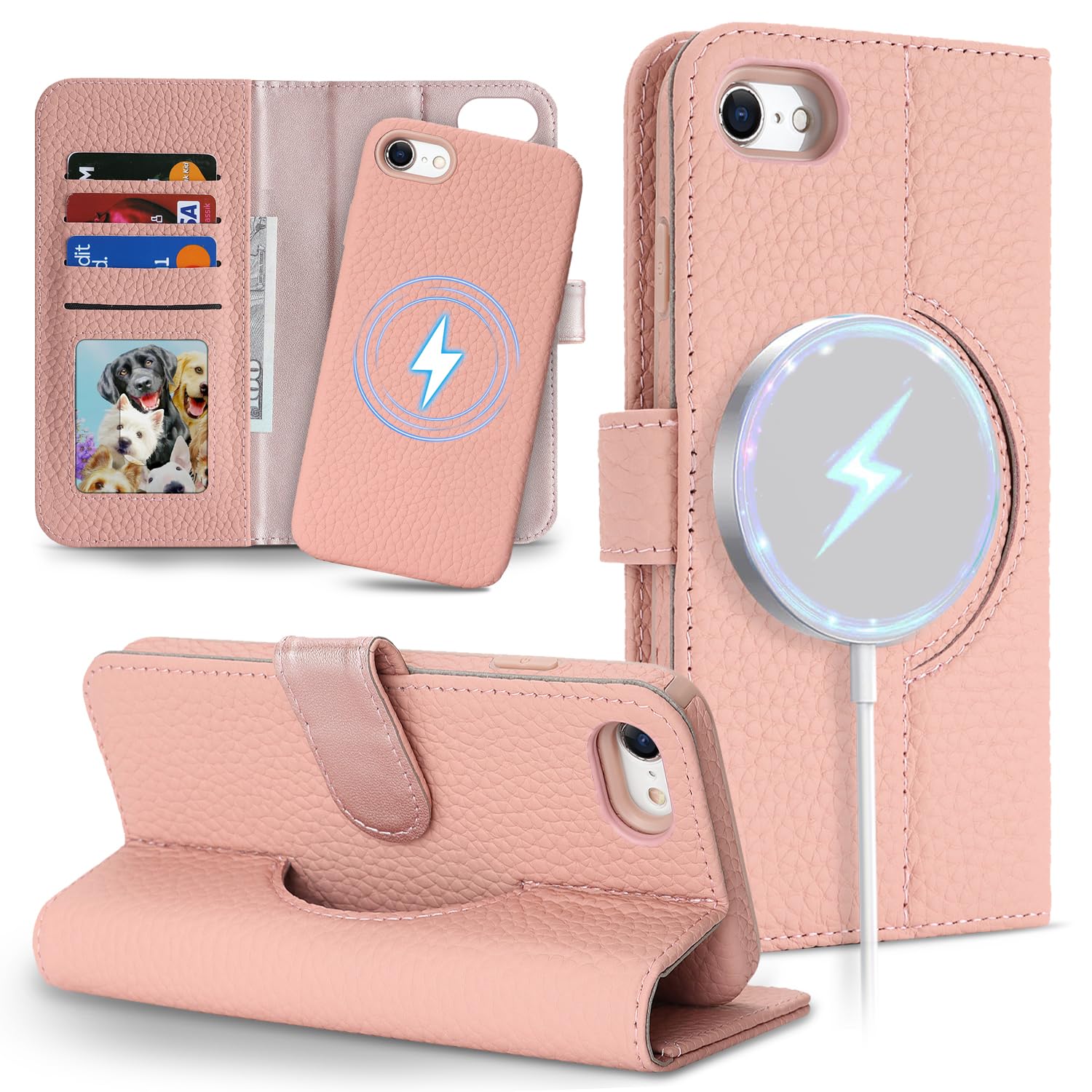 East Clear 分離式 本革ケース for iPhone SE 2020/ SE 2022 手帳型ケース for iPhone 7/8 携帯カバー レザー MagSafe対応 2in1 取り外し自由 両用2way 小銭入れ札入れ カード収納 耐衝撃 耐摩擦 全面保護 マグネット式 スタンド機能 for アイフォンSE2/S23/7/8 -ピンク