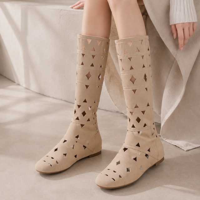 suede cutout design knee-high boots m0069
