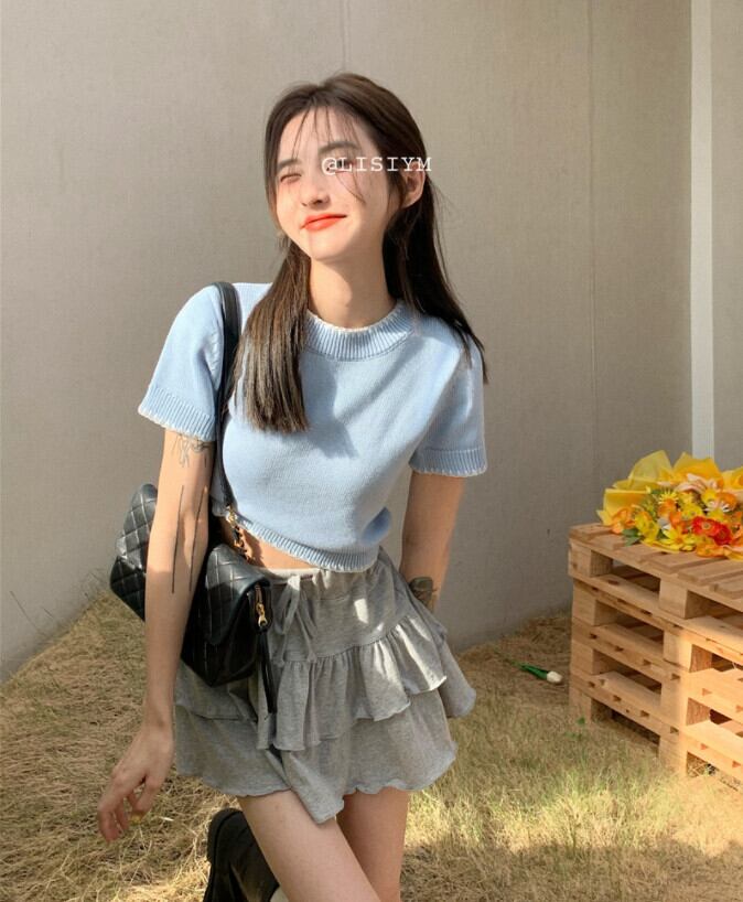 サマーカラーニットトップス スカート 大人ガーリー スウィート キュート カジュアル 夏物 ステッチ モンロー68073700478