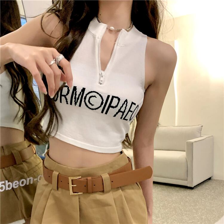 トップス タンクトップ 襟付き 切り替え タイト ニット レタリング